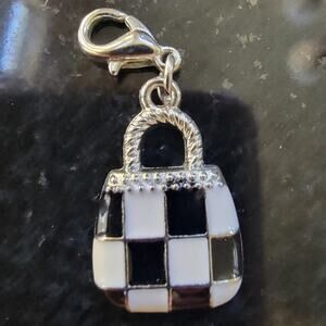 Black & White Checkered Purse Charm With Lobster Clasp Enamel Handbag Pendant